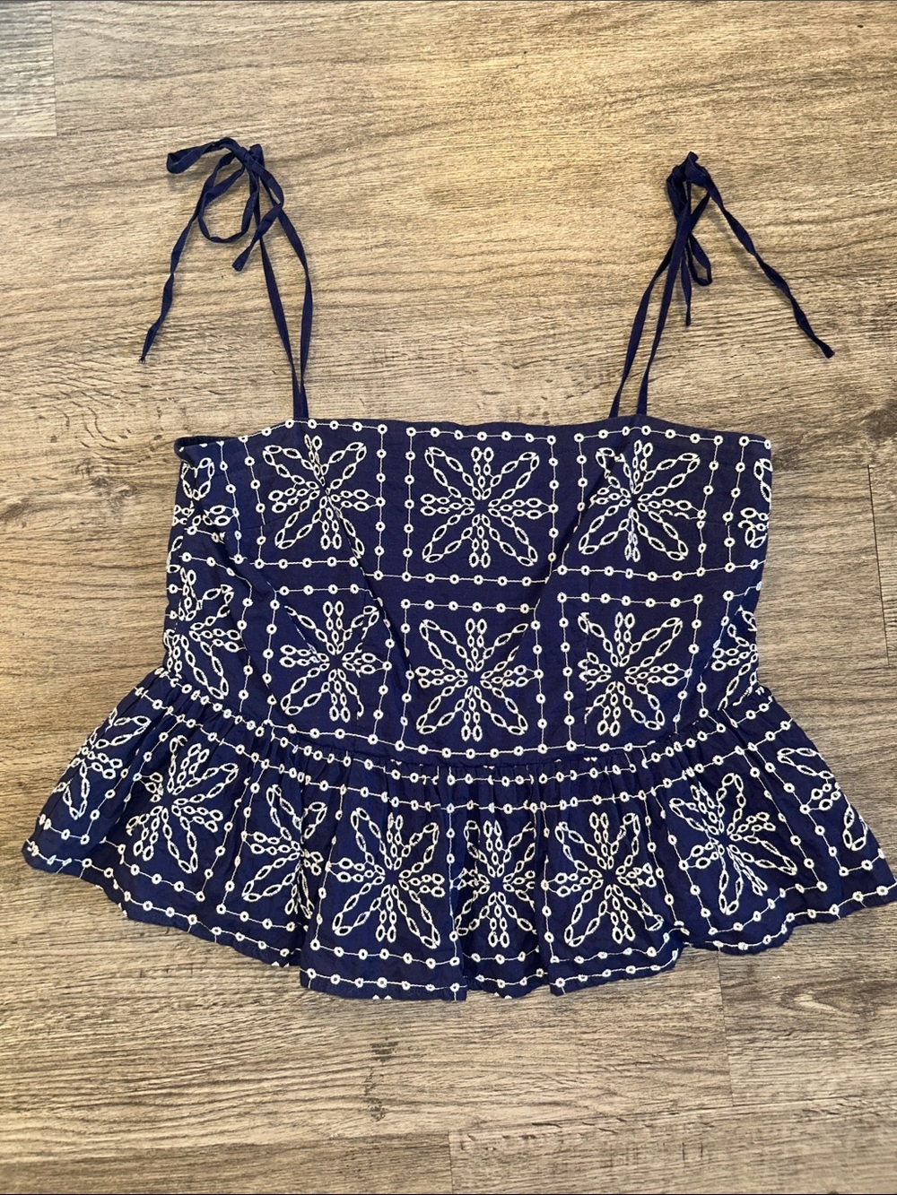 Milly Navy Blue Embroidered Peplum Tie Strap Blouse Cotton Large - Picture 2 of 8